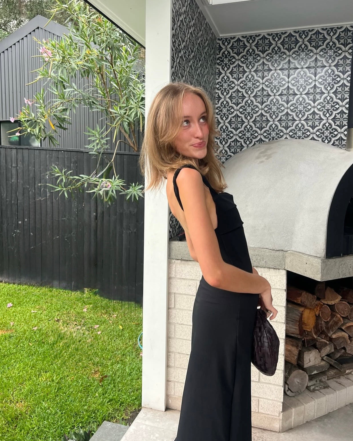 BLACK PLEAT TUCK DRESS