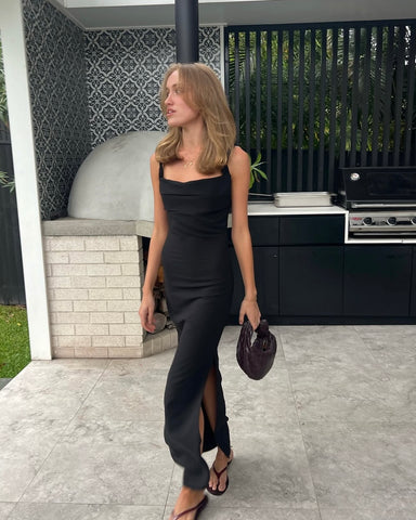 BLACK PLEAT TUCK DRESS