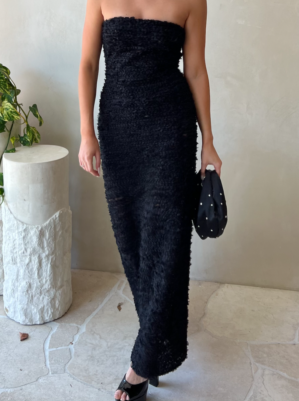 Strapless Ruffle Maxi in black, worn view