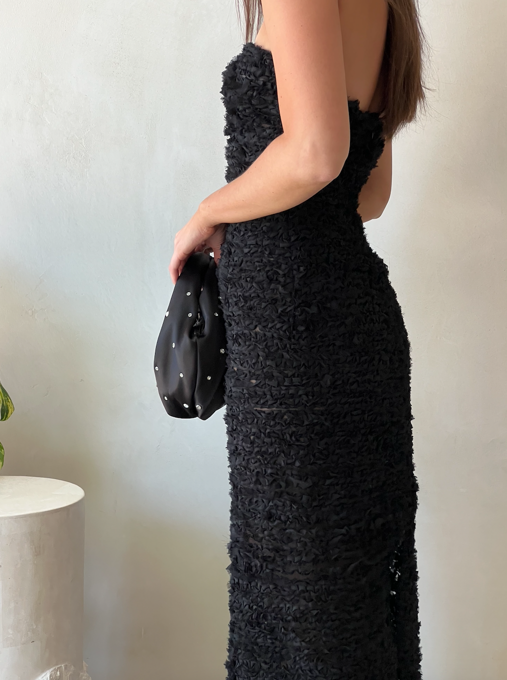 Strapless Ruffle Maxi in black, worn detail