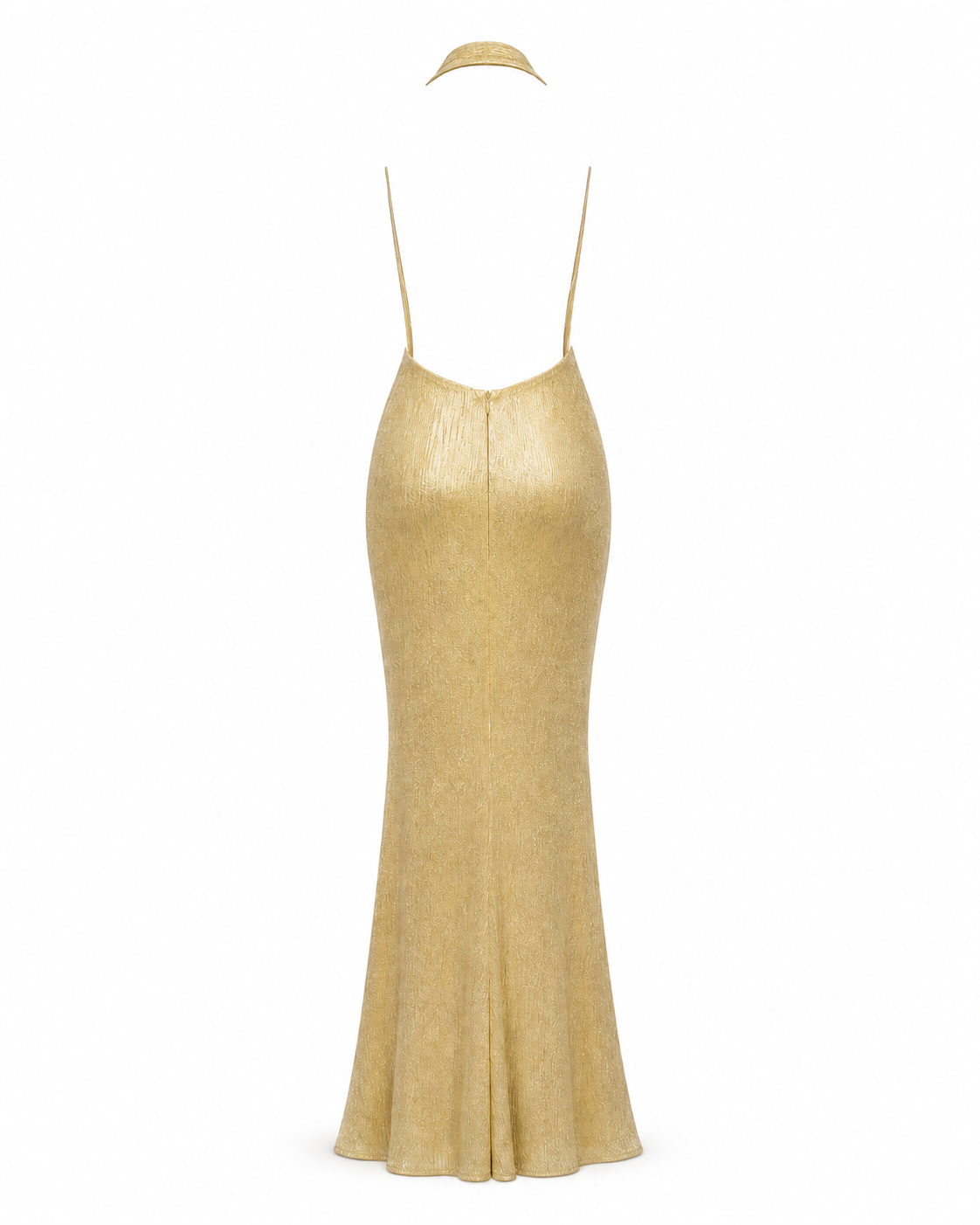 Aurora Gown in champagne gold, back ghost silhouette