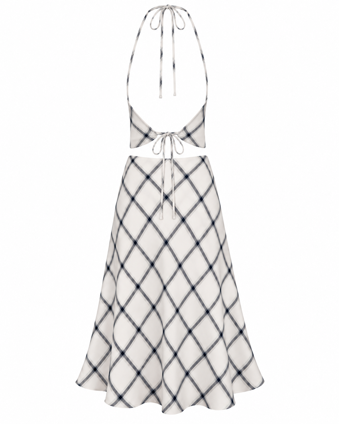 Elodie Set, ivory and charcoal checked halter top with matching long skirt