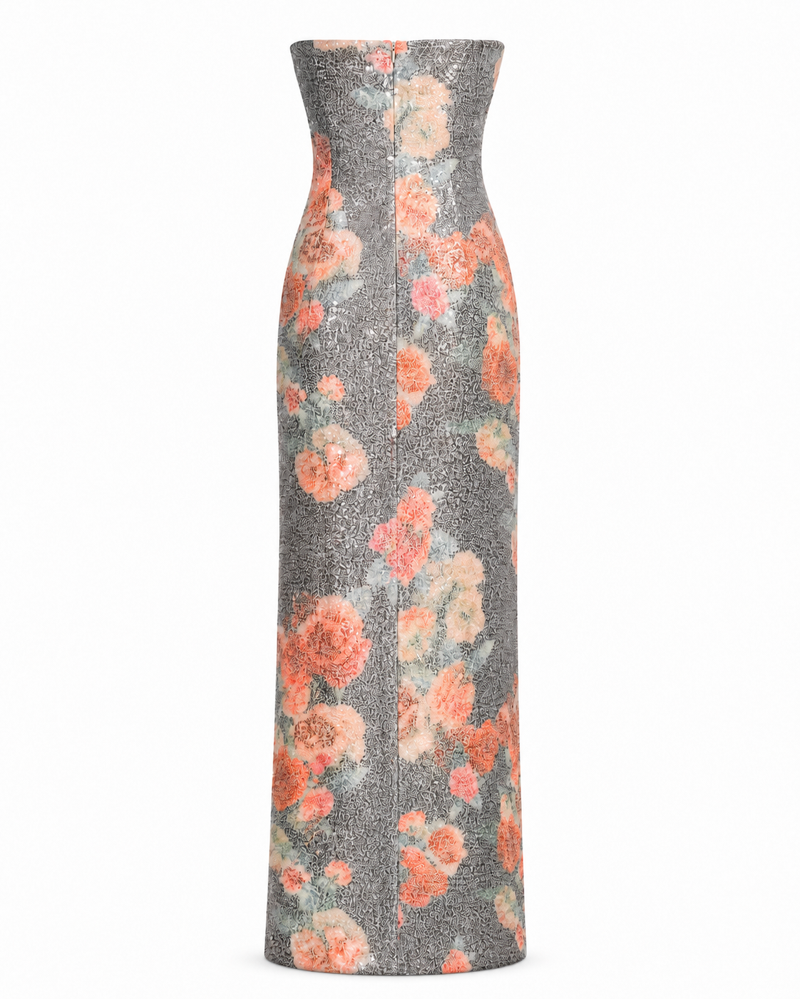 Rosalie Gown in antique floral sequins, back ghost silhouette