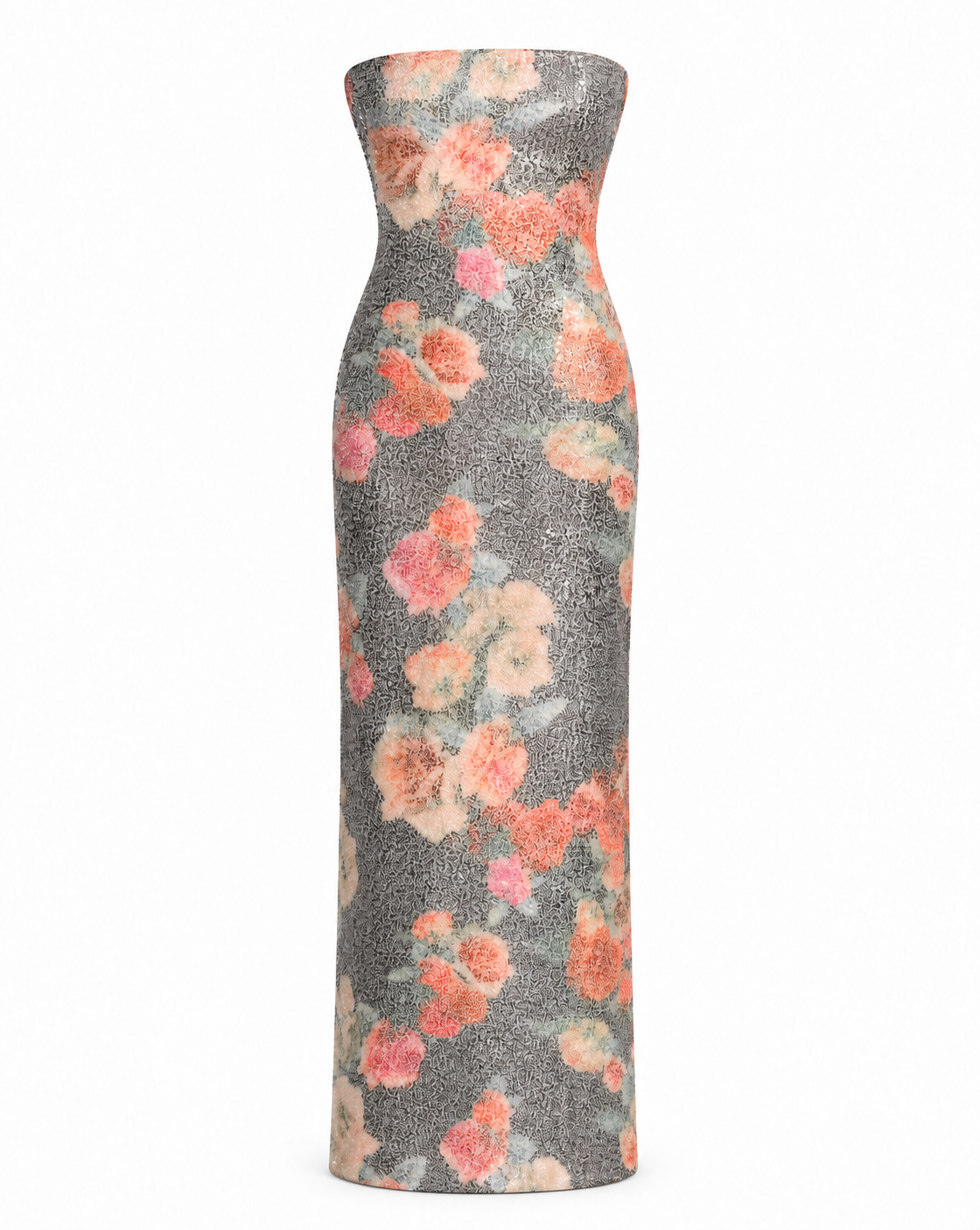 Rosalie Gown in antique floral sequins, front ghost silhouette